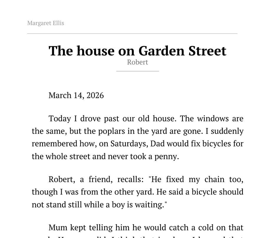 Sample chapter page: a dated entry and a friend's words quoted with his name